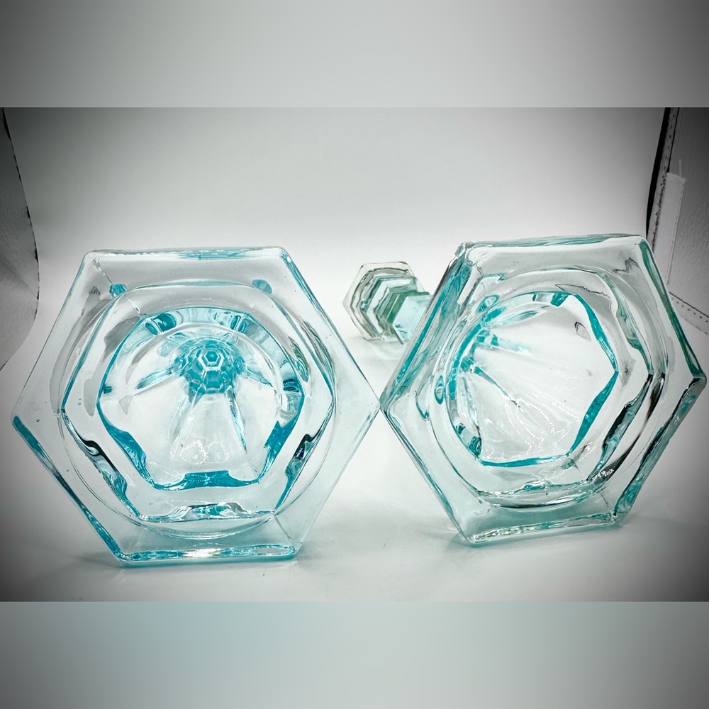Antique/Vintage Pair Ice Blue Art Deco Glass Candlesticks Holders-Approx 6.5" - Picture 3 of 4